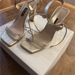 Nine West Metallic Gold Square-Toe Strappy Heels